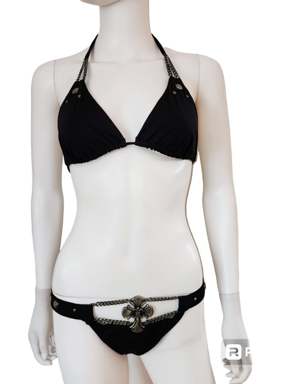RARE Vintage Beach Bunny Jewel Black Cross Chain Studs Bikini